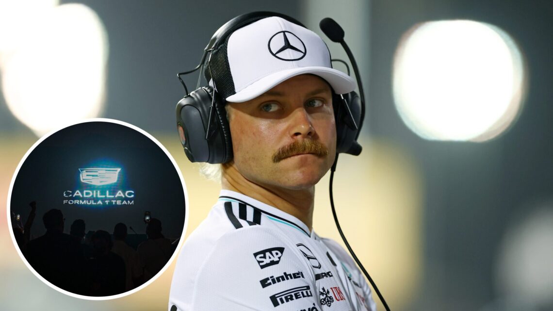 Mercedes reserve driver Valtteri Bottas at the 2025 F1 Bahrain Grand Prix, inset Cadillac logo