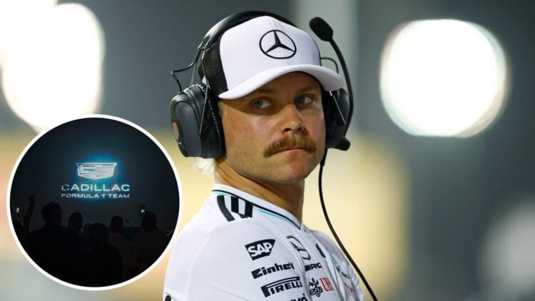 Mercedes reserve driver Valtteri Bottas at the 2025 F1 Bahrain Grand Prix, inset Cadillac logo