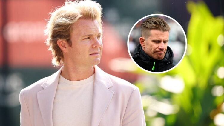 Nico Rosberg looking to his left in the F1 paddock with Nico Hulkenberg looking don in the overlay image.