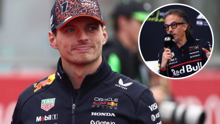 Max Verstappen of Red Bull looks on; inset of Laurent Mekies in a press conference
