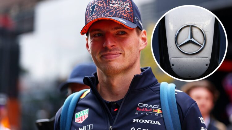 Red Bull driver Max Verstappen arrives in the 2025 Belgian Grand Prix paddock, inset Mercedes logo
