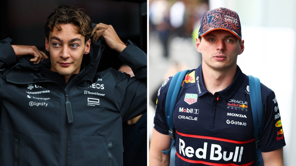 George Russell of Mercedes walks in the F1 paddock (L); Max Verstappen enters the Red Bull paddock building (R)