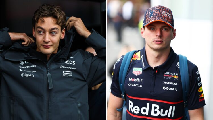 George Russell of Mercedes walks in the F1 paddock (L); Max Verstappen enters the Red Bull paddock building (R)