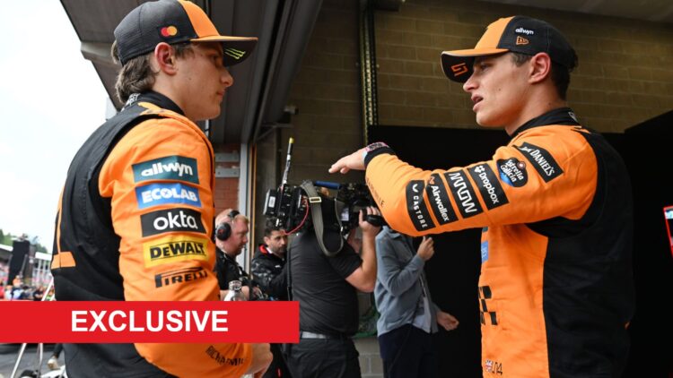 McLaren drivers Oscar Piastri and Lando Norris speaking after the 2025 Belgian Grand Prix, with an exclusive banner
