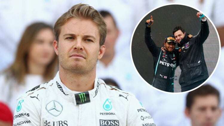 Nico Rosberg poses for a Mercedes team photo; inset of Lewis Hamilton and Toto Wolff