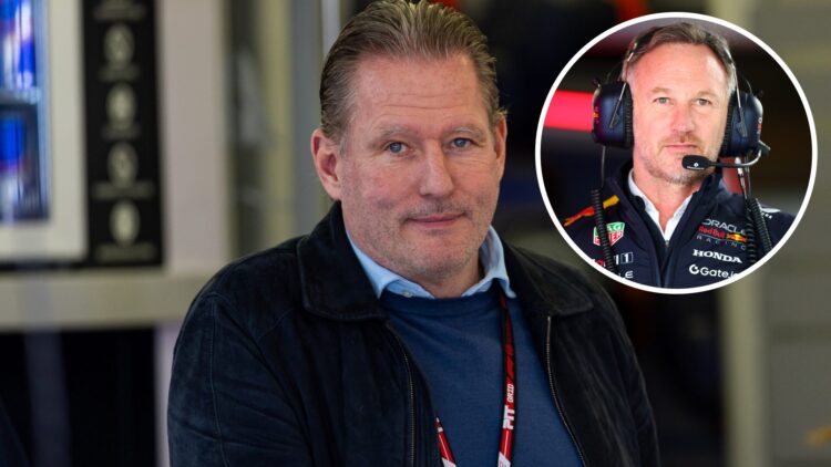Jos Verstappen pictured during pre-season testing in Bahrain in 2025, inset Christian Horner