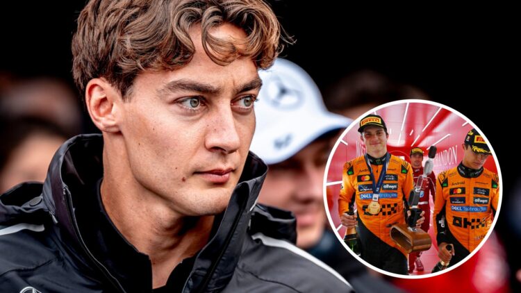 George Russell of Mercedes before the 2025 Formula 1 Belgian Grand Prix drivers parade with insets of McLaren's Oscar Piastri and Lando Norris on t...