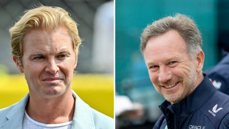 Nico Rosberg looks on in the F1 paddock (L); Christian Horner smiles during his time at Red Bull (R)