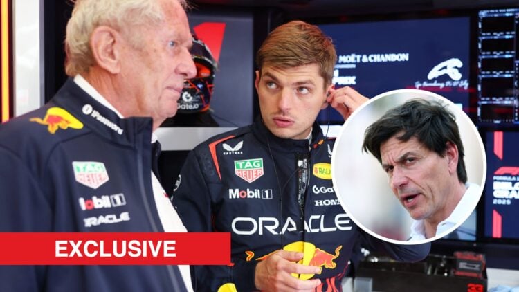Helmut Marko and Red Bull Racing driver Max Verstappen speaking at the Belgian Grand Prix, inset, Mercedes team principal Toto Wolff