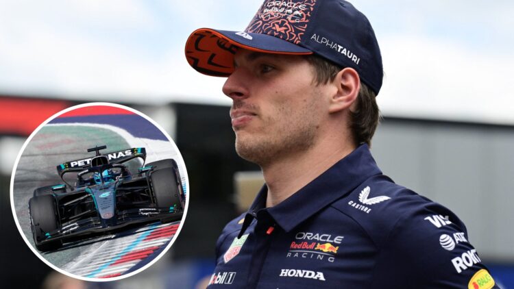 Red Bull driver Max Verstappen in the paddock at the 2025 Austrian Grand Prix, inset George Russell