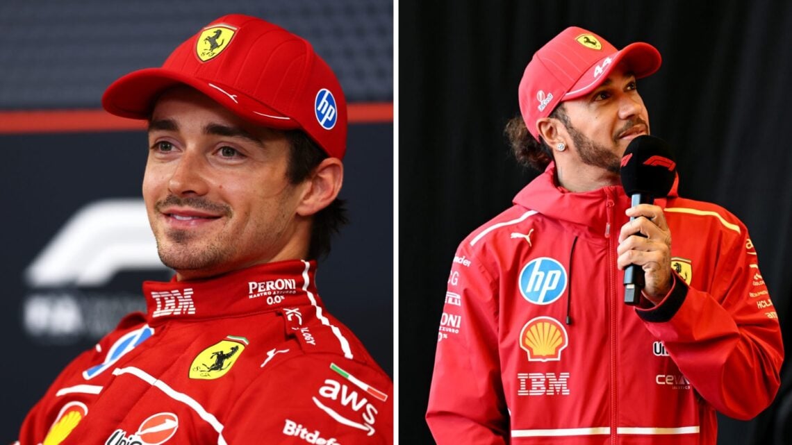 Charles Leclerc of Ferrari smiles in a press conference (L); Lewis Hamilton speaks in the F1 fan zone (R)
