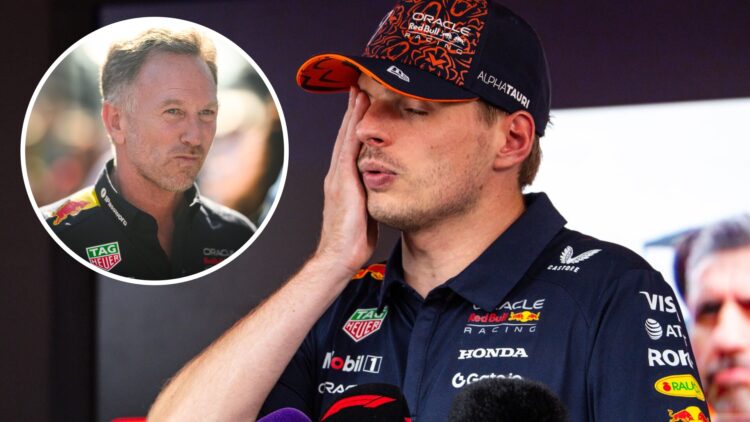 Max Verstappen of Red Bull Racing at the 2025 Belgian Grand Prix, inset Christian Horner