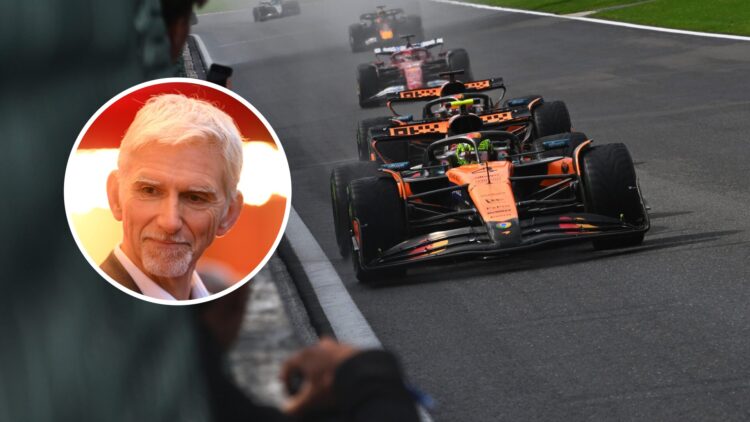 McLaren drivers Lando Norris and Oscar Piastri racing at the 2025 Belgian Grand Prix, inset, Damon Hill