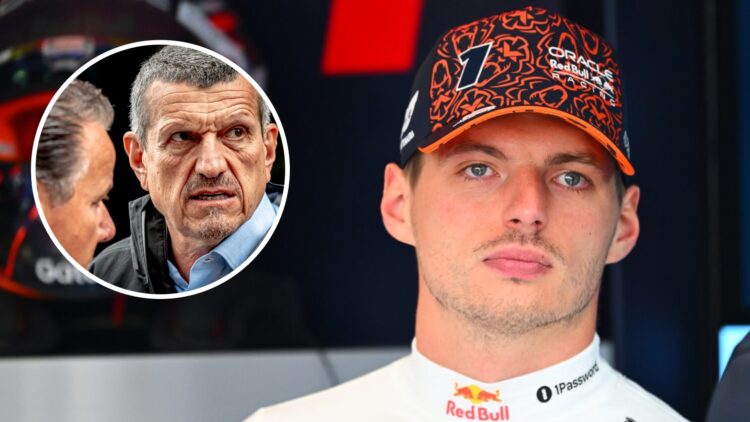 Red Bull driver Max Verstappen looks on in the garage during qualifying for the 2025 F1 Belgian Grand Prix with an inset of Guenther Steiner at Spa