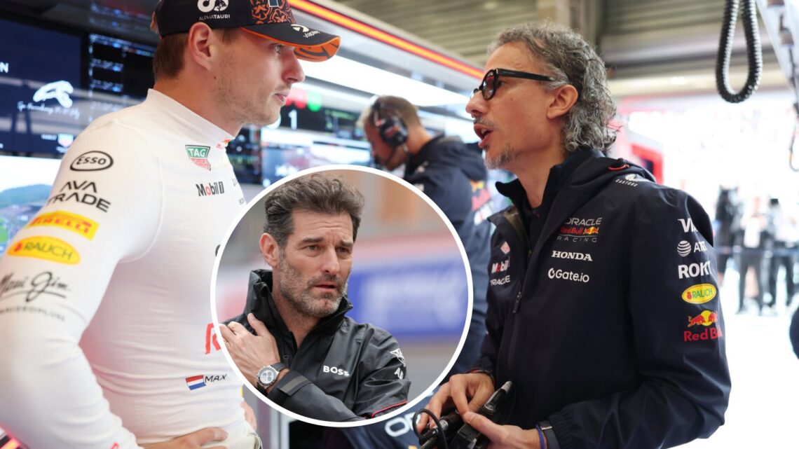 Red Bull Racing driver Max Verstappen and team principal Laurent Mekies at the Belgian Grand Prix, inset, Mark Webber