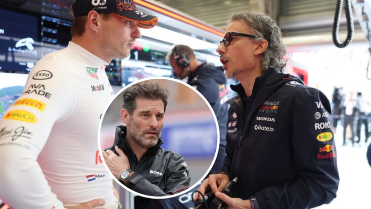 Red Bull Racing driver Max Verstappen and team principal Laurent Mekies at the Belgian Grand Prix, inset, Mark Webber