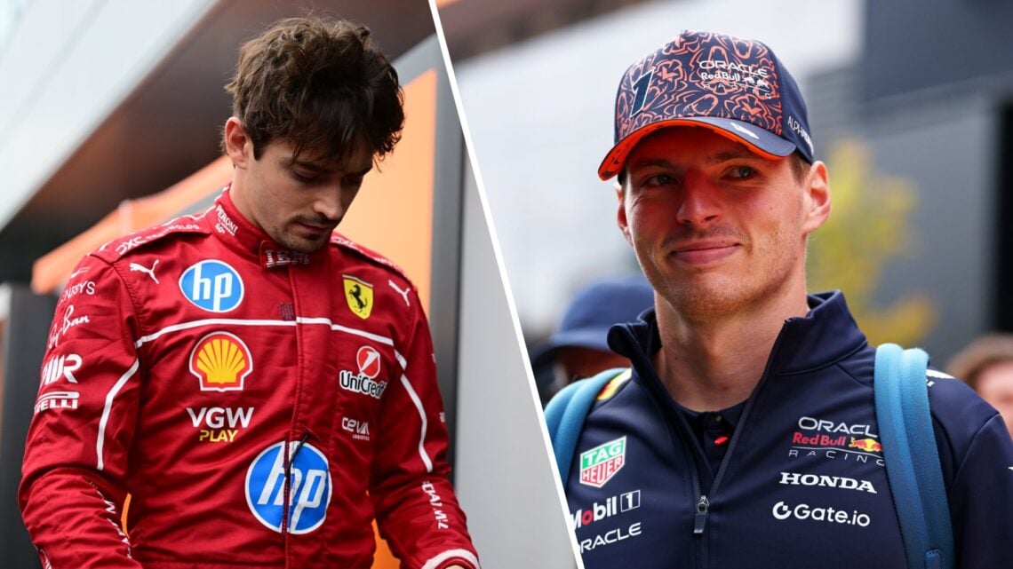 Split image of Charles Leclerc (L) at the 2025 British Grand Prix and Max Verstappen (R) at the 2025 Belgian Grand Prix