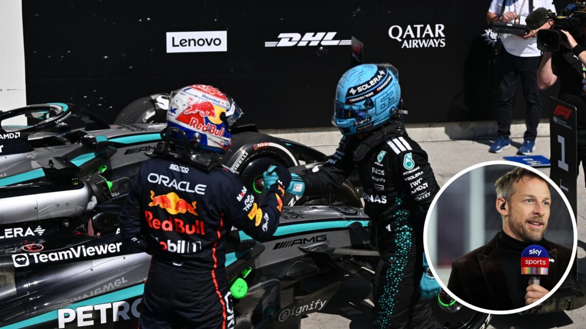 George Russell and Max Verstappen shake hands after the 2025 Canadian Grand Prix, inset Jenson Button