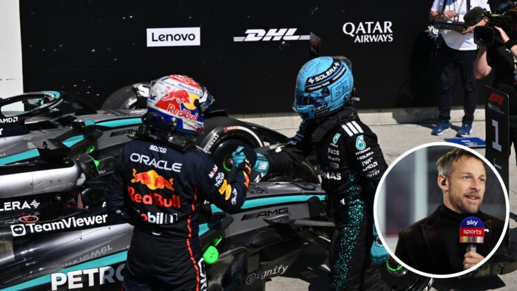 George Russell and Max Verstappen shake hands after the 2025 Canadian Grand Prix, inset Jenson Button