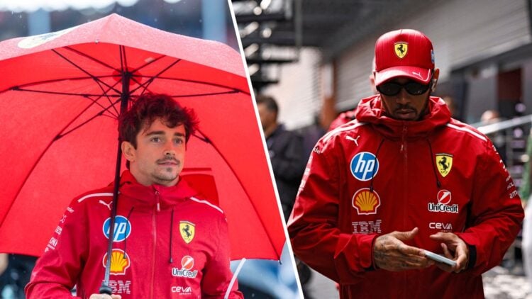 Split image of Ferrari drivers Charles Leclerc (L) at the 2025 British Grand Prix and Lewis Hamilton (R)