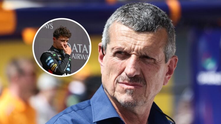 Guenther Steiner in the F1 paddock looking past the camera with Lando Norris on the podium in the overlay image.