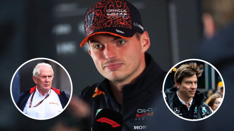 Max Verstappen and Helmut Marko of Red Bull Racing and Toto Wolff