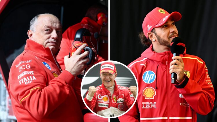 Fred Vasseur of Ferrari on the pitwall (L); Lewis Hamilton speaks in the fan zone (R); inset of Michael Schumacher