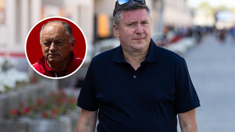 David Croft walking in the F1 paddock whilst Fred Vasseur looks past the camera in the overlay image