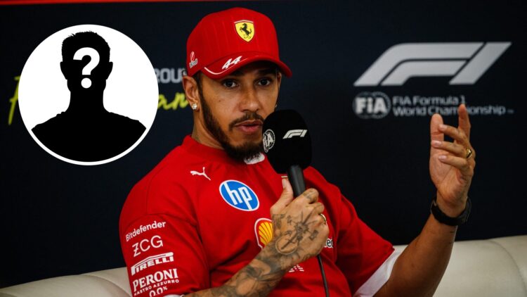 Lewis Hamilton of Ferrari speaks in a press conference; inset of a mystery driver