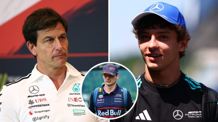 Toto Wolff of Mercedes in a press conference (L); Kimi Antonelli of Mercedes walks in the paddock (R); inset of Max Verstappen