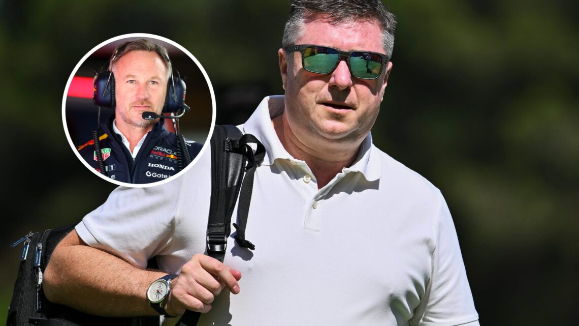 David Croft walking into the F1 paddock, with Christian Horner in the Red Bull garage in the overlay image