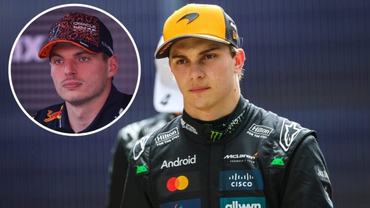 Oscar Piastri in Parc Ferme after qualifying at the 2025 British Grand Prix, inset Max Verstappen