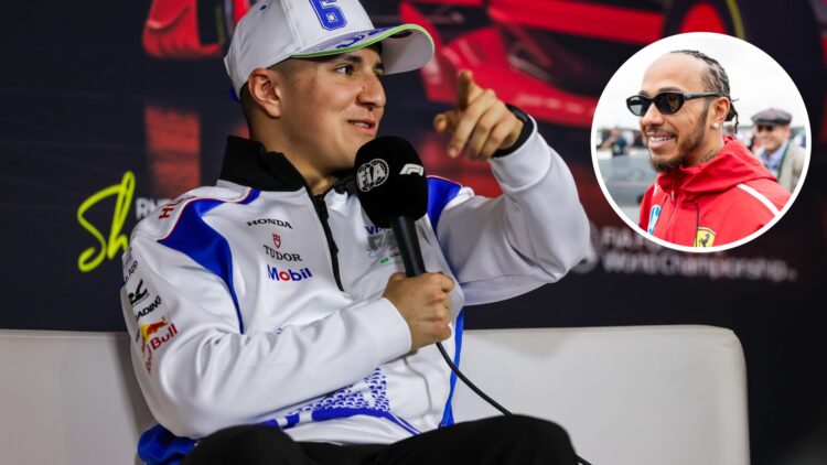 Isack Hadjar of Racing Bulls speaks in a press conference; inset of Ferrari's Lewis Hamilton smiling