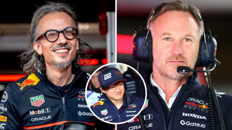 Laurent Mekies of Red Bull smiles (L); Christian Horner looks on from the garage (R); inset of Yuki Tsunoda