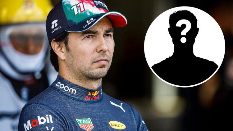 Red Bull driver Sergio Perez looks on in the 2022 Mexican Grand Prix, inset Mystery
