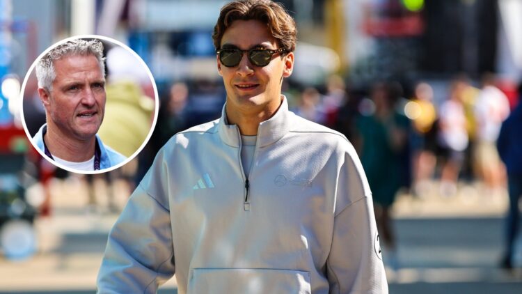 Mercedes driver George Russell at the 2025 Formula 1 British Grand Prix, inset, Ralf Schumacher