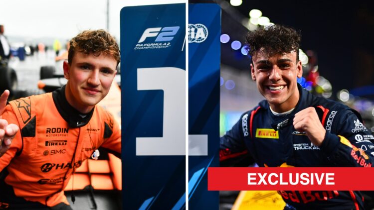 Alex Dunne (left) celebrating a win in Formula 2 whilst Arvid Lindblad (right) celebrates a win in Formula 3