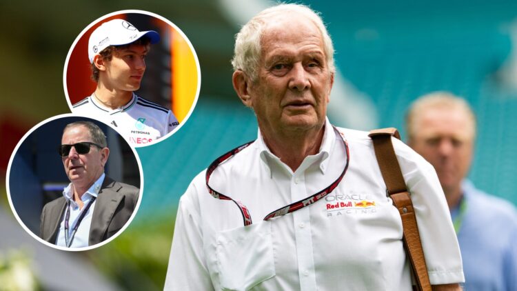 Helmut Marko of Red Bull walks in the F1 paddock; insets of Martin Brundle and Kimi Antonelli
