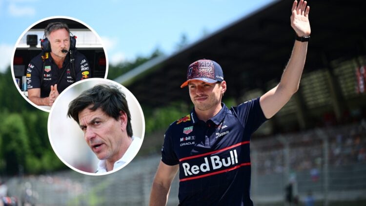 Max Verstappen of Red Bull waves to the crowd; insets of Toto Wolff of Mercedes and Christian Horner