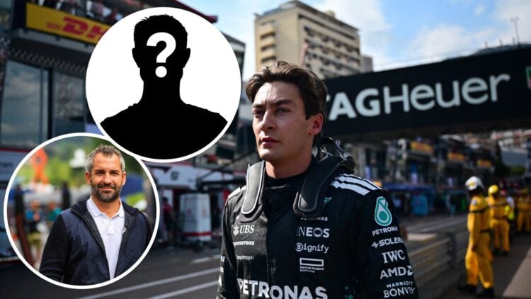 Mercedes driver George Russell at the 2025 Monaco Grand Prix, inset Timo Glock and Mystery