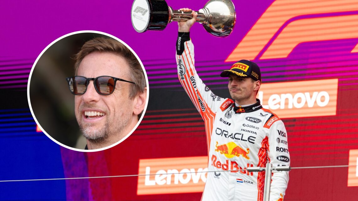 Red Bull Racing driver Max Verstappen celebrating winning the 2025 Formula 1 Japanese Grand Prix, inset, Jenson Button