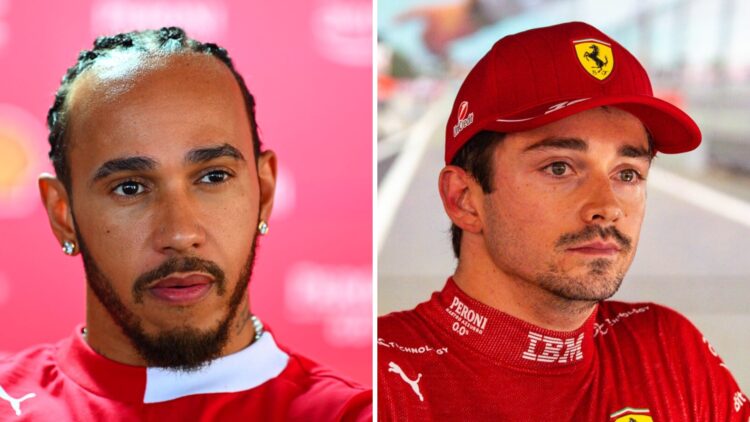 Lewis Hamilton of Ferrari in an interview (L); Charles Leclerc speaks to the media (R)