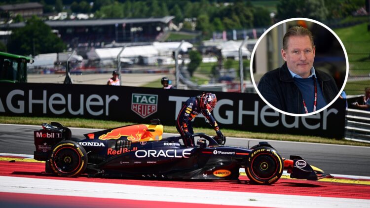 Max Verstappen of Red Bull Racing after retiring from the 2025 Austrian Grand Prix and Jos Verstappen
