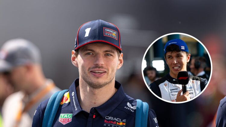 Max Verstappen of Red Bull walks in the F1 paddock; inset of Williams driver Alex Albon