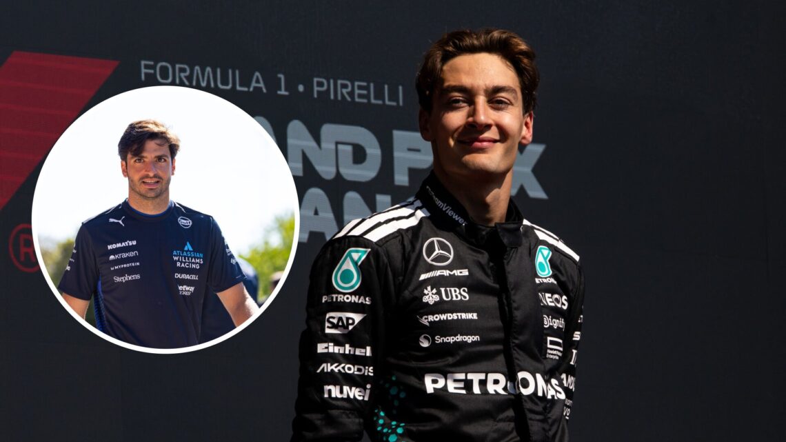 George Russell of Mercedes celebrates on the podium; inset of Williams driver Carlos Sainz