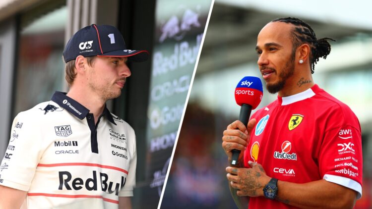 Max Verstappen of Red Bull enters the paddock facility (L); Lewis Hamilton of Ferrari in an interview (R)