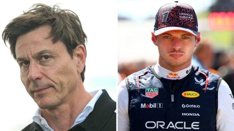 Split image of Mercedes boss Toto Wolff (L) at the 2025 Canadian Grand Prix and Red Bull driver Max Verstappen (R)