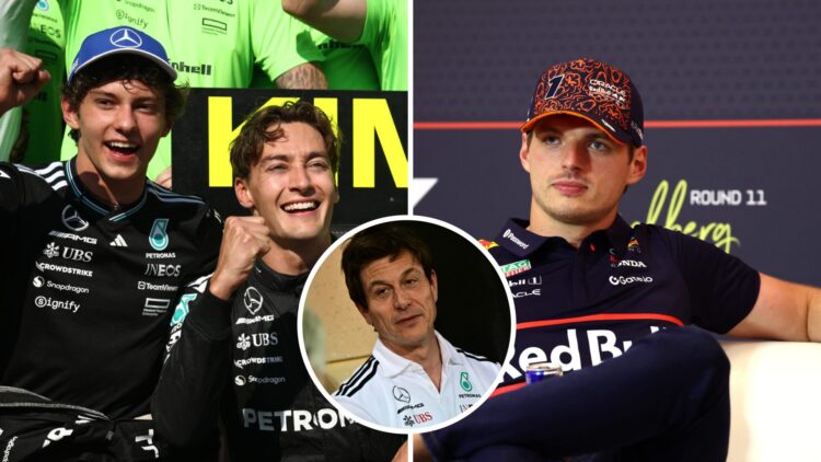 Split image of Mercedes drivers George Russell and Kimi Antonelli (L) and Max Verstappen (R), inset Toto Wolff