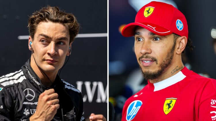 George Russell of Mercedes in parc ferme (L); Lewis Hamilton of Ferrari in an interview