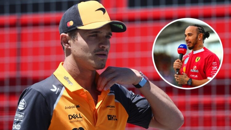 Lando Norris of McLaren walks in the F1 paddock; inset of Lewis Hamilton